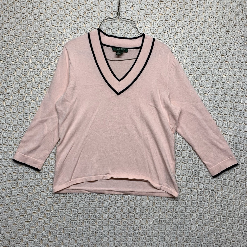 Lauren Ralph Lauren Pink Sweater Women's P/L Stripe V Neck 1/2 Sleeve